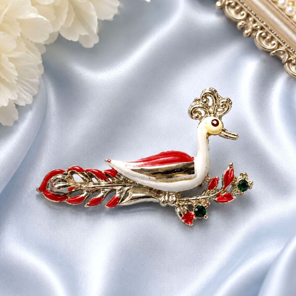 Vintage Gold Tone Red and White Enamel Bird Brooch
